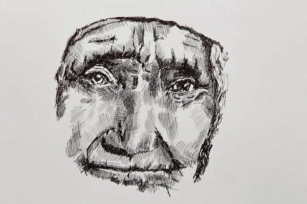 古い顔 イラスト ライナーによって描かれた老女の顔の詳細なクローズアップ図面 古い思慮深い顔 — ストック写真