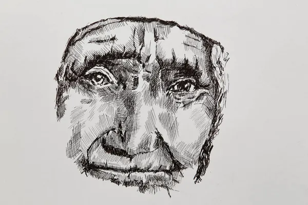 Eski yüz - çizim. Bir yolcu gemisi tarafından çizilmiş yaşlı bir kadının detaylı yakın plan çizimi. Yaşlı düşünceli surat..
