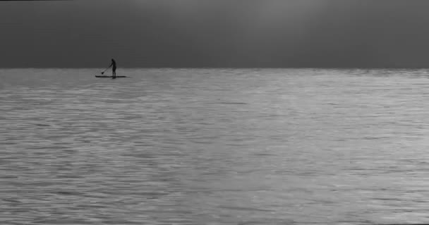冲浪手在冲浪板上 黑白相间的雾蒙蒙的海景 有一个冲浪女人的轮廓 — 图库视频影像