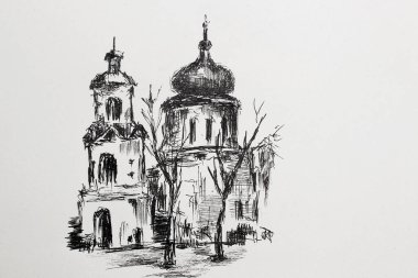 Çan kulesi olan kilise - illüstrasyon. Bir yolcu gemisi tarafından çizilmiş, yüksek çan kulesi olan bir şapelin ayrıntılı el çizimi..