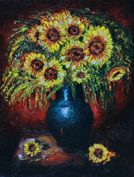 Flowers Vase Illustration Bouquet Sunflowers Blue Vase Dark Reddish Background — Stock Photo, Image