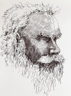 Bıyıklı yaşlı adam - illüstrasyon. Uzun çizgileri olan bir yolcu gemisi tarafından çizilmiş bıyıklı bir büyükbabanın ayrıntılı çizimi..