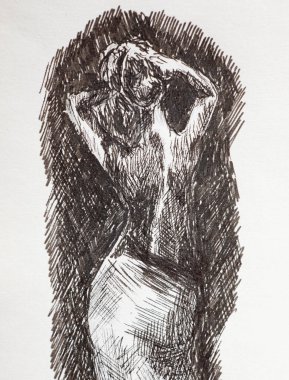 Kız geri döndü - çizim. Bir kızın çıplak sırtını çizmek, elleriyle saç stili yapmak, bir kalemle yapılmış..