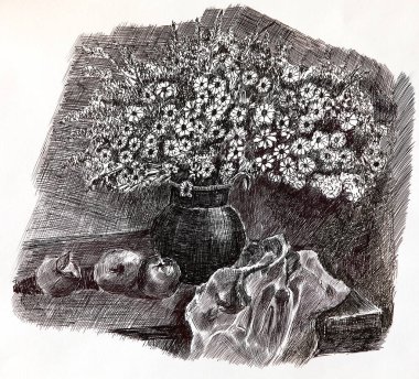 Bir buket çiçek - illüstrasyon. Çiçeklerin yemyeşil bir buketi vazonun içinde meyve dolu bir masanın üzerinde duruyor..