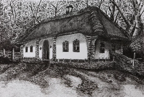 Old Thatched House Illustration Drawing Old House Ukrainian Style Painted — Stock Photo, Image