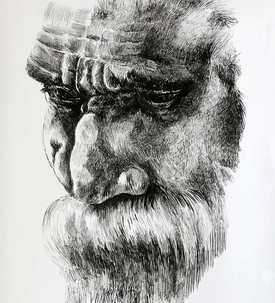 Old man with a mustache - illustration. Detailed drawing of an old sad man with a mustache and beard, drawn by a liner.