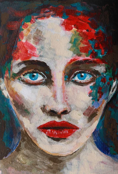 Portrait Girl Painting Acrylic Abstract Portrait Beautiful Emotional Girl Conceptual — Stock Photo, Image