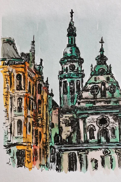 Kilise ve çan kulesi olan şehir evleri - illüstrasyon. Eski bir Budapeşte caddesinin çizimi. Kilisesi ve çan kulesi, bir yolcu gemisi tarafından boyanmış..