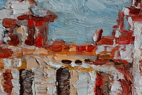 Tuval üzerine yağlı boya boya. Sanat eserinin bir parçası yakından çekildi. Çağdaş sanat. Renkli bir arka plan. Kaotik çok renkli felçler. Gerçek fırça darbeleri.