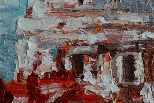Tuval üzerine yağlı boya boya. Sanat eserinin bir parçası yakından çekildi. Çağdaş sanat. Renkli bir arka plan. Kaotik çok renkli felçler. Gerçek fırça darbeleri.