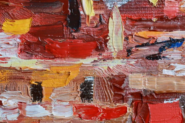 Tuval üzerine yağlı boya boya. Sanat eserinin bir parçası yakından çekildi. Çağdaş sanat. Renkli bir arka plan. Kaotik çok renkli felçler. Gerçek fırça darbeleri.