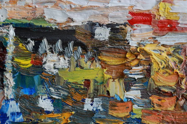 Tuval üzerine yağlı boya boya. Sanat eserinin bir parçası yakından çekildi. Çağdaş sanat. Renkli bir arka plan. Kaotik çok renkli felçler. Gerçek fırça darbeleri.