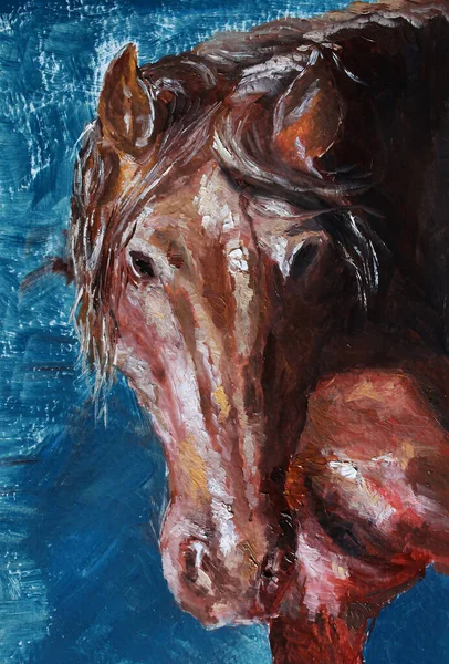 Portrait Horse Acrylic Painting Abstract Drawing Horse Blue Background Conceptual — Stock Photo, Image