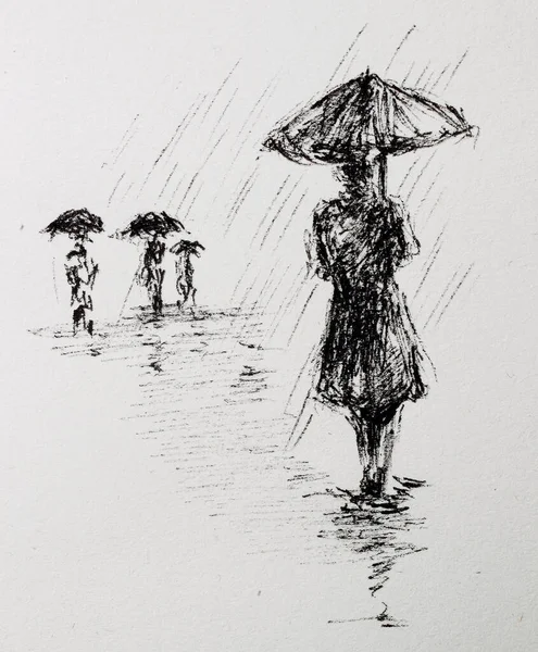 Ilustração Silhuetas Misteriosas Pessoas Com Guarda Chuvas Chuva Quadro Desenhado — Fotografia de Stock