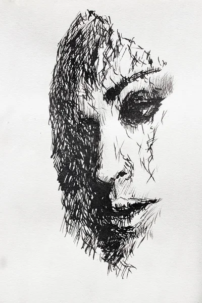 Piękna Poczęta Dziewczyna Ilustracja Wykonana Przez Liniowiec Smutna Kobieta Twarz — Zdjęcie stockowe