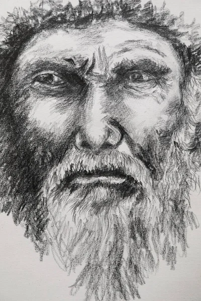 Bıyıklı yaşlı adam - illüstrasyon. Bıyıklı ve sakallı, kurşun kalemle çizilmiş üzgün yaşlı bir adamın ayrıntılı çizimi..
