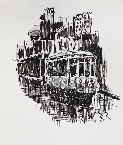 İllüstrasyon - şehirde bir tramvay. Modern bir şehrin arka planında eski bir tramvayın çizim simgesi, bir yolcu gemisi tarafından çizilmiş..