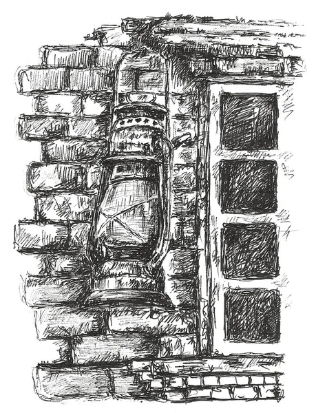 Старая Керосиновая Лампа Висит Фасаде Старого Дома Ручной Рисунок — стоковое фото