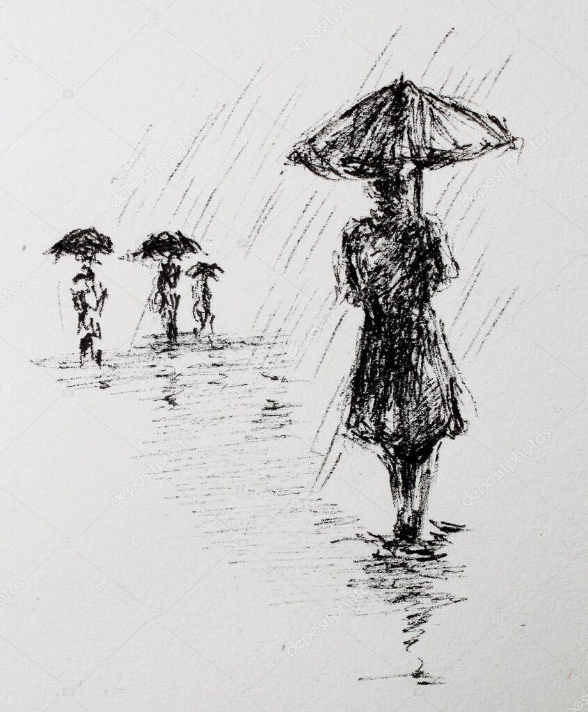 Illustration - mysterious silhouettes of people with umbrellas in the rain. The picture is drawn by a liner.