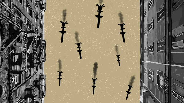 Vzdušné Bomby Nad Ilustrací Města Digitální Ilustrace Balistických Raket Letících — Stock fotografie