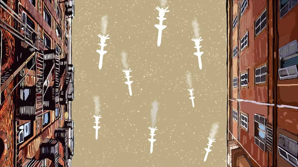 Повітряні Бомби Над Міською Ілюстрацією Цифрова Ілюстрація Балістичних Ракет Літають — стокове фото