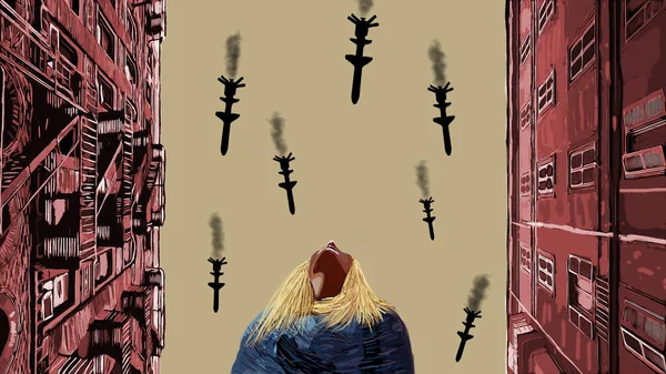 Bombe Aeree Sopra Illustrazione Della Città Illustrazione Digitale Una Donna — Foto Stock