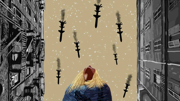 Воздушные Бомбы Над Иллюстрацией Города Цифровая Иллюстрация Женщины Смотрящей Небо Стоковое Изображение