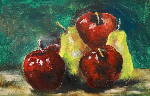 Verse Sappige Rode Appels Peren Liggen Tafel Een Groene Achtergrond — Stockfoto