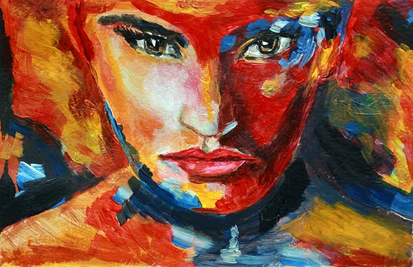 Portrait Girl Painting Acrylic Abstract Portrait Beautiful Emotional Girl Conceptual — Stock Photo, Image