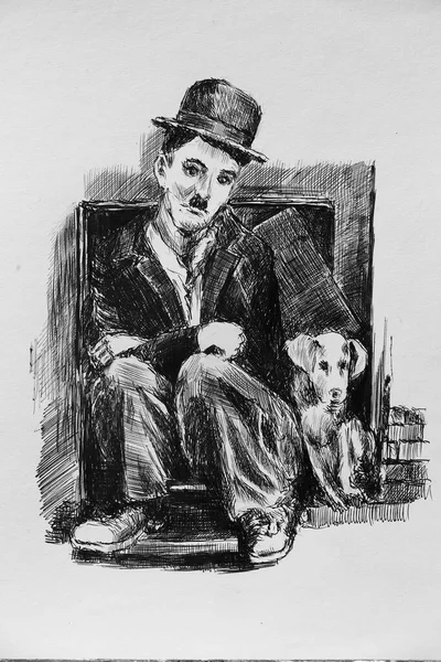 Charlie Chaplin bir köpekle oturuyor. Şapkalı ve takım elbiseli bir adam kapının önünde bir köpekle oturur. Robot resmi bir çizer çizer..