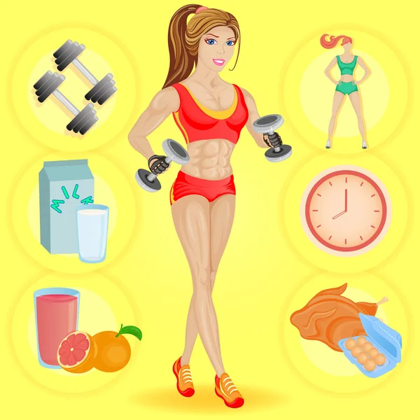 Sport Disziplin Und Richtige Ernährung Werden Ihren Körper Aufbauen Vektor — Stockvektor