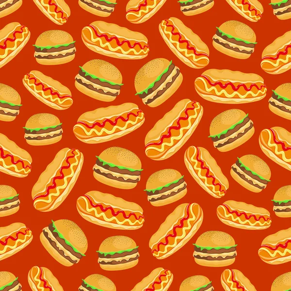 Hot Dog Burger Satisfy Your Hunger Vector Seamless Pattern Colored — Stockvector