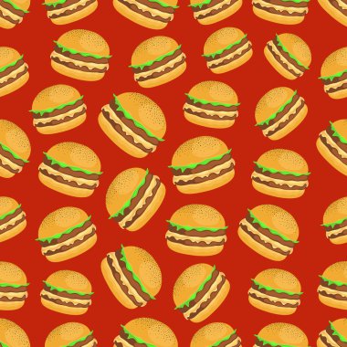 Büyük bir hamburger iyi bir ruh halidir ve tatmin edici bir gündür. Renkli arka planda vektörsüz desen çizimi.