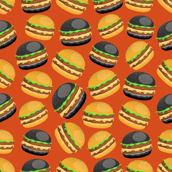Zwarte Klassieke Hamburger Een Overvloed Aan Kleur Smaak Vector Naadloos — Stockvector