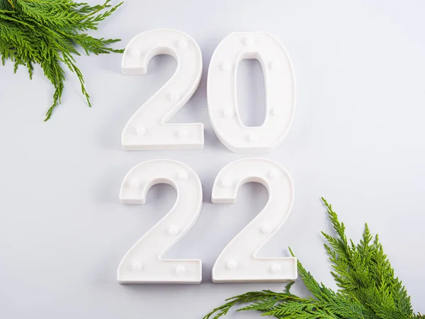 New year 2022 white lights numbers with branches on gray — Stock Photo, Image