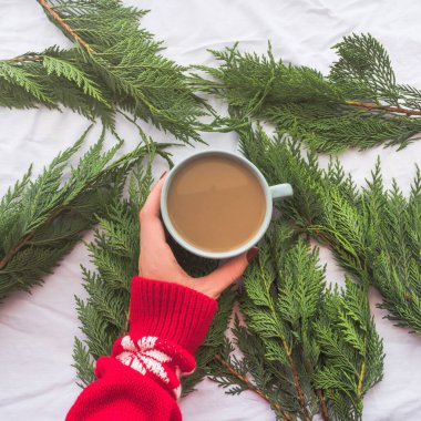 Kış sıcacık kahve fincanı dalların arkasında elleri ile