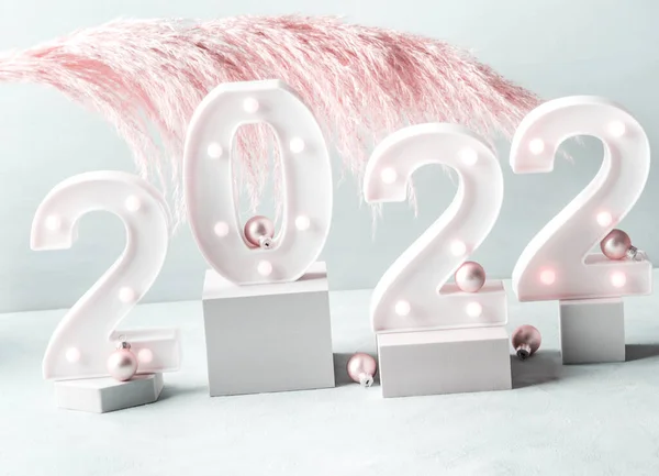 New year 2022 lights numbers with pink pampas branch, podiums — Stock Photo, Image