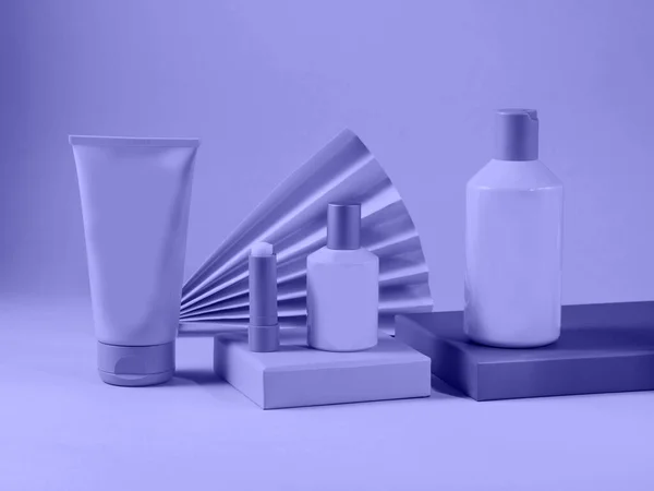 Geometric podium displaying set of body care generic bottles, tubes — Stock Photo, Image