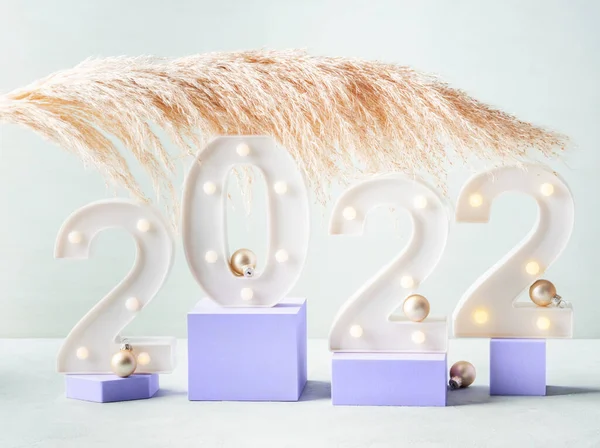 New year 2022 numbers with pampas branch on purple podiums — Stock Photo, Image