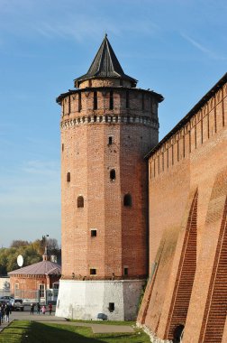 Kolomna, Russia - OCTOBER 9, 2021: fortress wall and view of the marinka tower in Kolomna