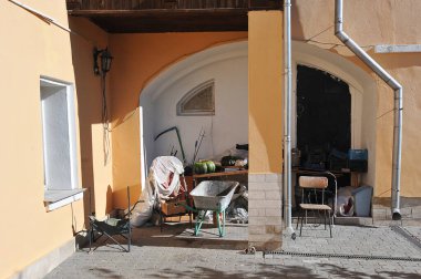 Kolomna, Russia - OCTOBER 9, 2021: corner in a men's monastery with living belongings in the Epiphany Monastery in Kolomna
