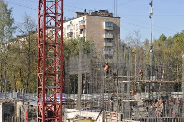 Moscow, Russia - 07 October, 2021: construction of a house made of reinforced concrete structures in Moscow