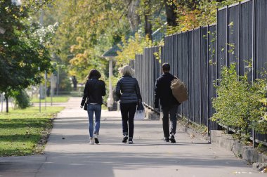 a group of young people walking down the street on an autumn day - rear view