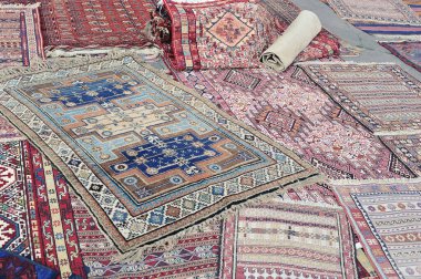 MOSCOW, RUSSIA - AUGUST 28, 2021: view of the market of oriental carpets in the Izmailovsky Kremlin in Moscow