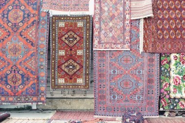 MOSCOW, RUSSIA - AUGUST 28, 2021: view of the market of oriental carpets in the Izmailovsky Kremlin in Moscow