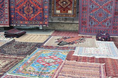 MOSCOW, RUSSIA - AUGUST 28, 2021: view of the market of oriental carpets in the Izmailovsky Kremlin in Moscow