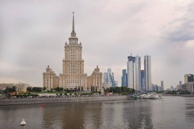 MOSCOW, RUSSIA - August 7, 2021: view of the Stalin high-rise on Kutuzovsky Prospekt and a view of Moscow city in Moscow