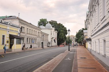 MOSCOW, RUSSIA - August 7, 2021: view of Bolshaya Nikitskaya Street and the building of the Egyptian Consulate in Moscow