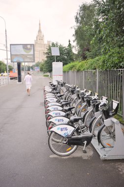 MOSCOW, RUSSIA - August 7, 2021: rental bicycles on on street of Moscow