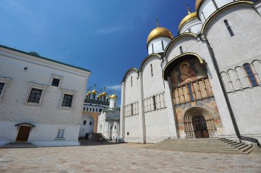 MOSCOW, RUSSIA - June 26, 2021: view of the golden domes on the cathedral square of the Kremlin in Moscow